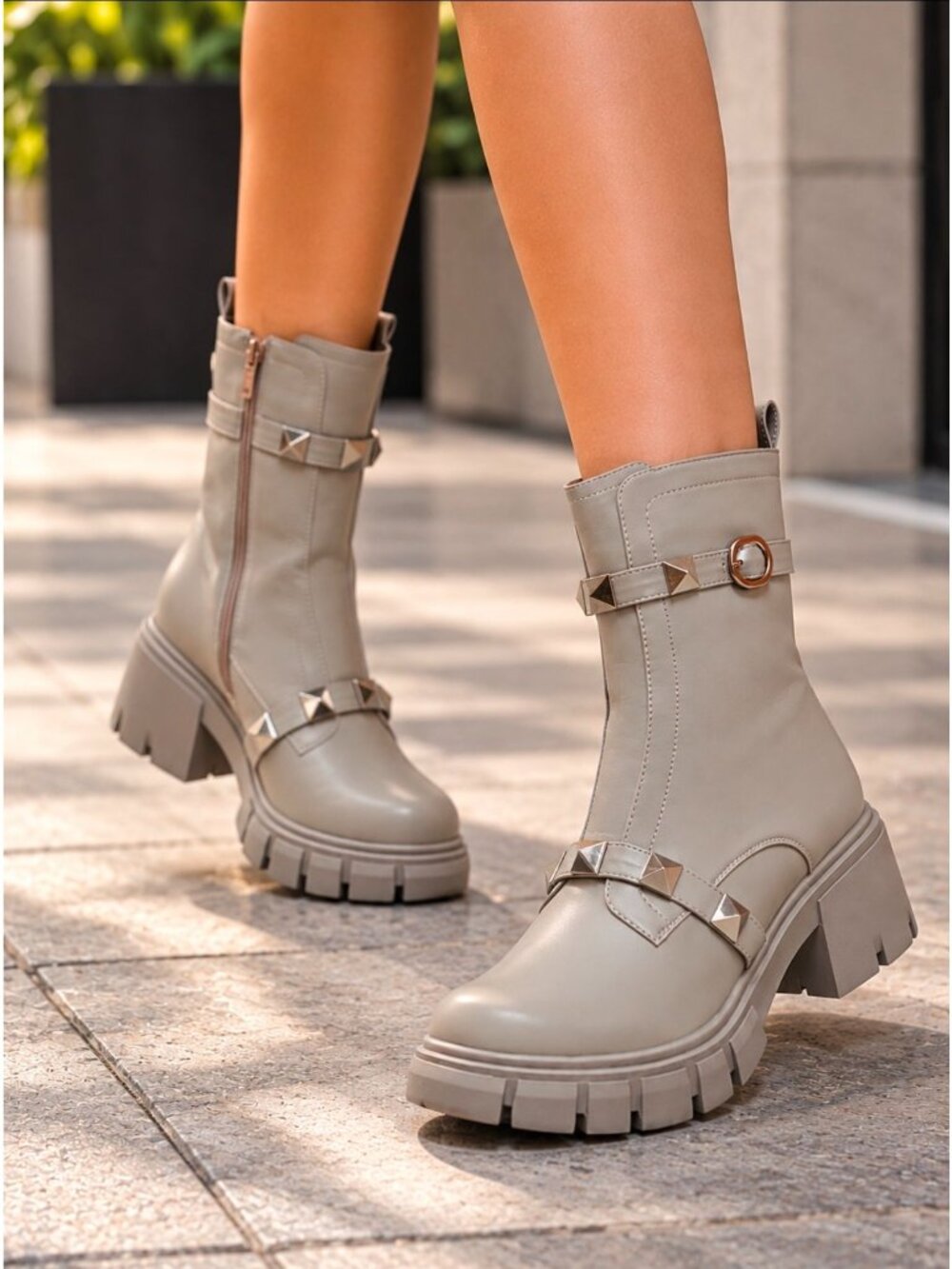 Studded Gray Ankle Boots With Chunky Lug Sole & Side Zipper For Women